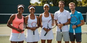 Group of tennis players smiling on a sunny court.