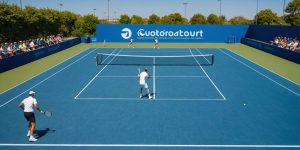 Tennis players in action on a sunny court