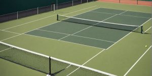 Tennis equipment on a vibrant court