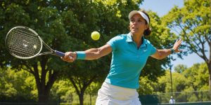 Tennis player jumping and swinging racket